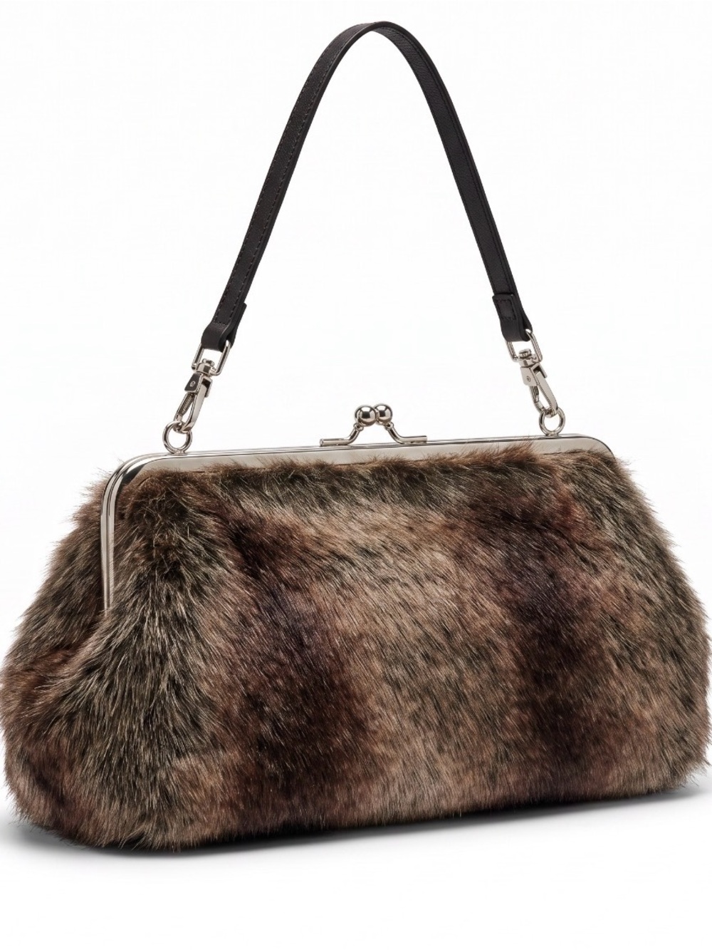 Faux Fur Clutch Handbag with Removable Strap - Brown